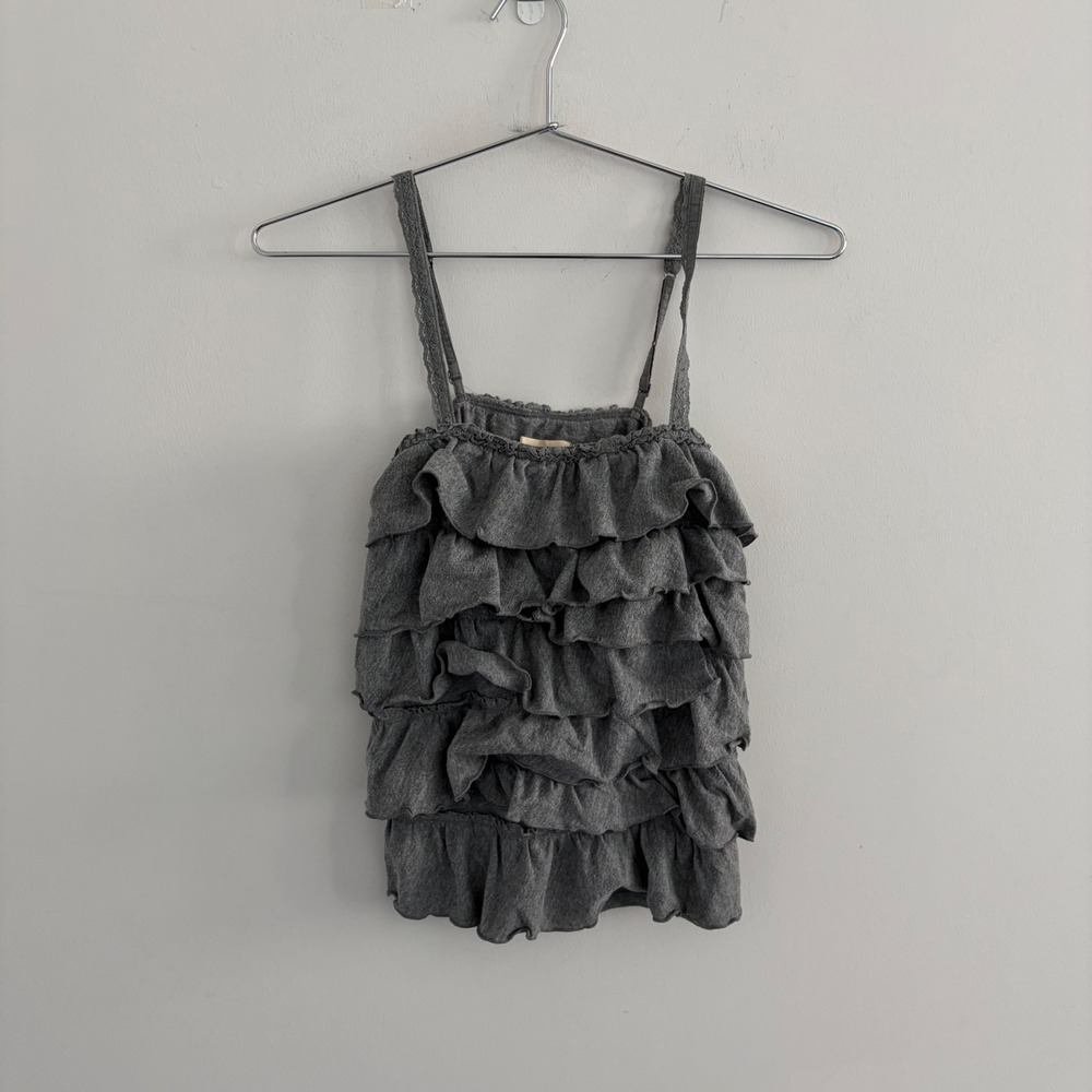 Hollister Gray Ruffle Tiered Cami Tank Top Lace Trim Straps Medium
